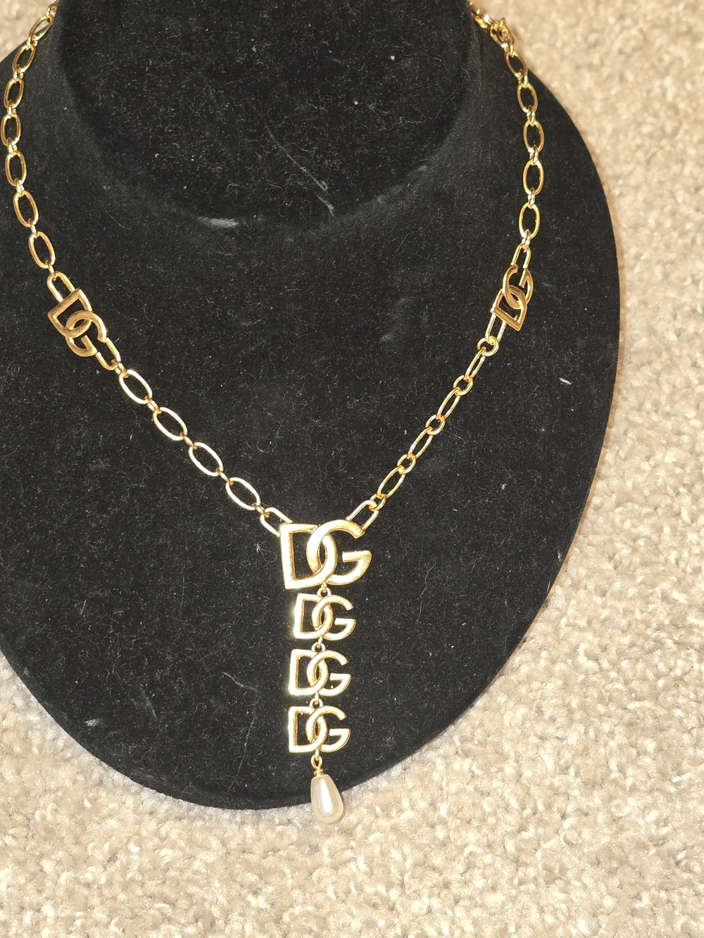 Dolce & Gabana 18kgp D&G Gold Dangle Necklace with Pearl Drop